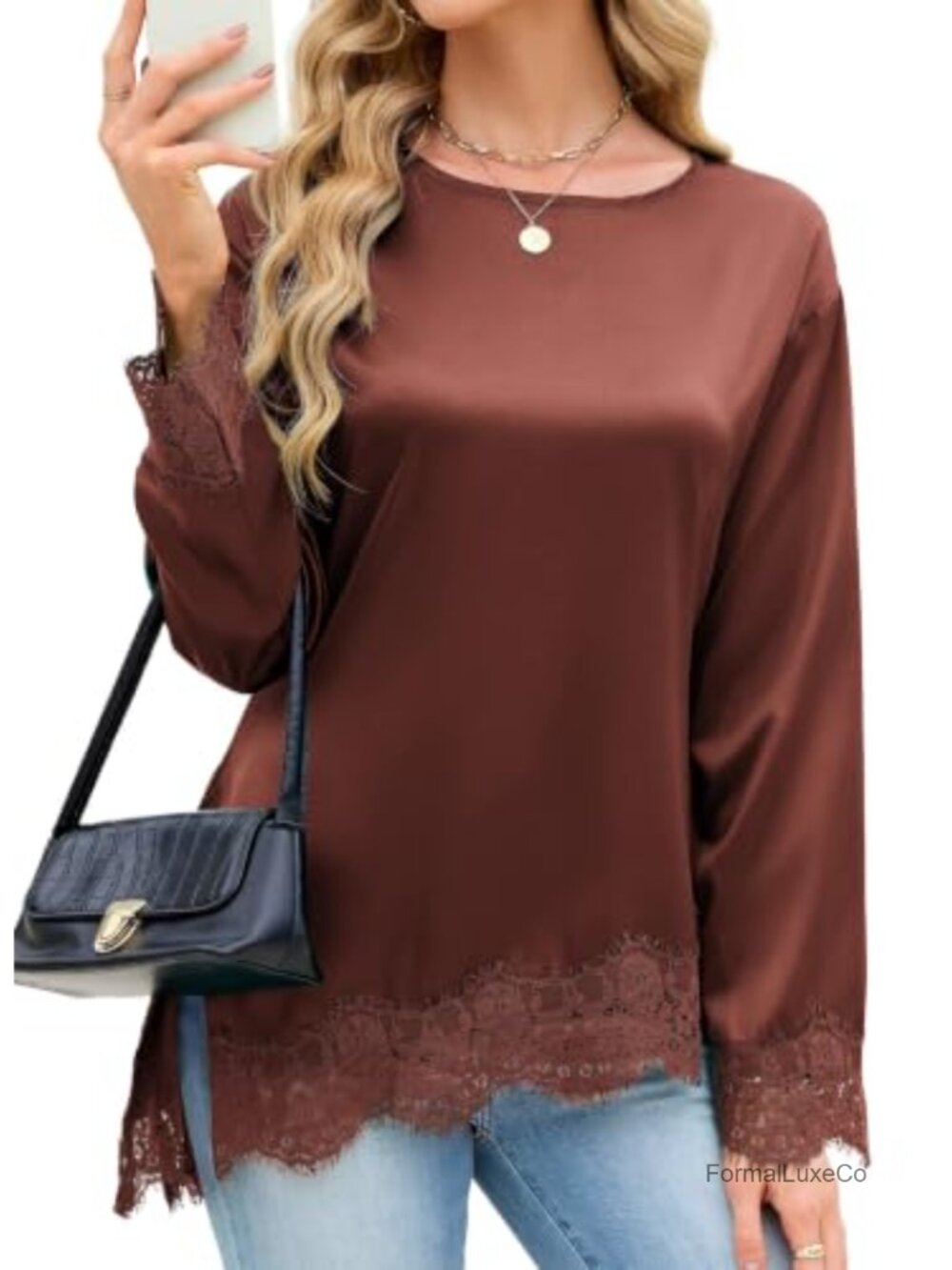Lace Cuff Satin Blouse Asymmetrical High Low Top Long Sleeve